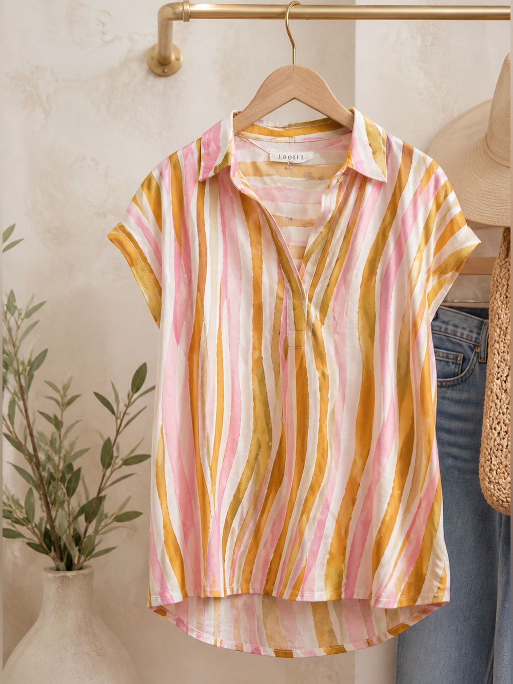 🍨JODIFL Smudge Stripe Blouse | Pink Mustard Cream | Flowy Boho Top